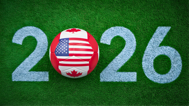 The 2026 FIFA World Cup logo features a soccer ball with American and Canadian flags on a green field.