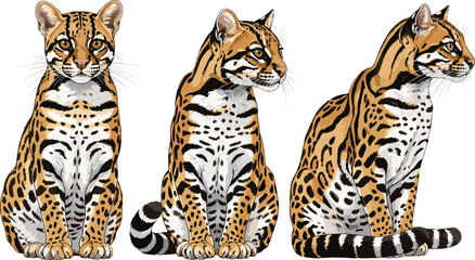 Realistic wild ocelot cat collection with detailed spotted feline poses vector animal illustration © Prodip