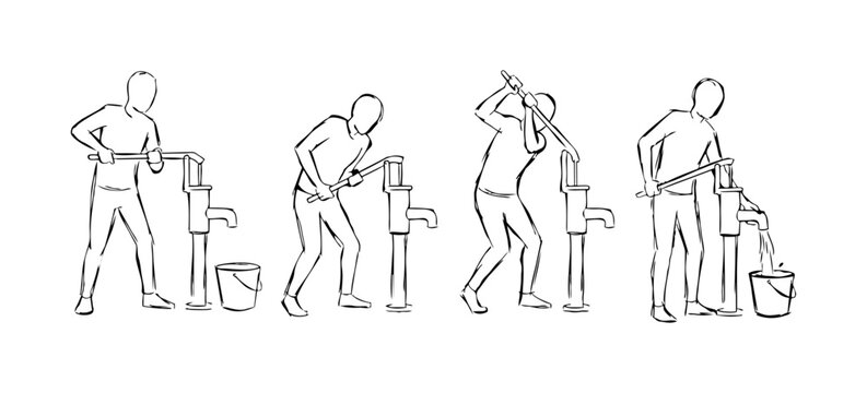 Rural Indian Village Man Pumping Groundwater Using Manual Hand Pump Sequence in Detailed Minimalist Doodle Line Art