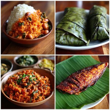 Traditional Ghanaian Waakye Meal with Fried Fish, Tomato Stew, and Shito Served in Banana Leaf Wrap