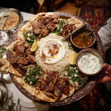 Traditional Jordanian mansaf feast with lamb, jameed sauce, and rice on a communal platter, perfect for celebrations and gatherings