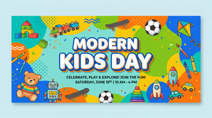 Fototapeta premium Modern kids day banner design with colorful toys including train skateboard soccer ball and teddy bear for childhood event.