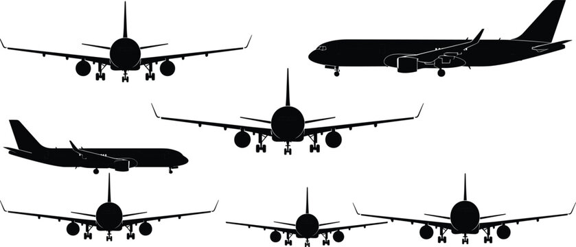 Collection of commercial airplane silhouettes from different angles including front view and side profile isolated on white background