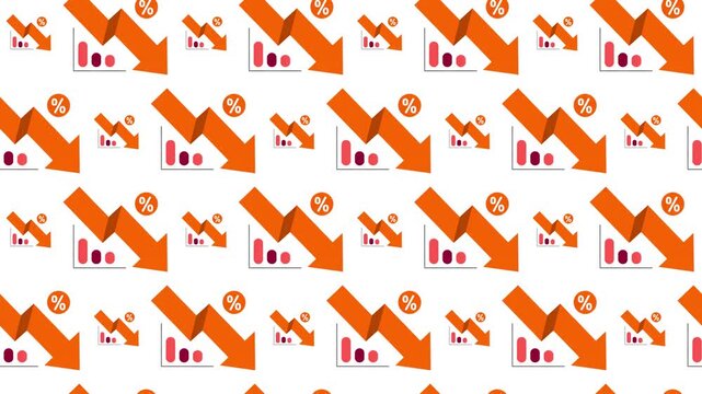 Economic recession animated pattern; downward financial charts and percentage icons for market crash concept.