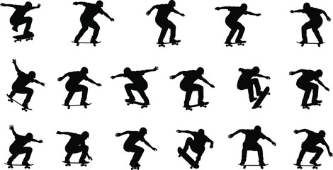 Large collection of black skateboarder silhouettes featuring athletes performing various tricks jumps and stunts isolated on white background © IconicCreations