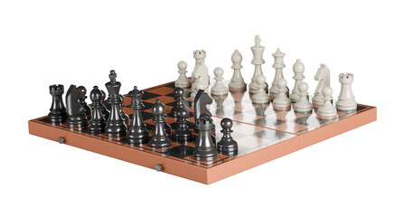 3D render of a chess set on a wooden frame board. Features realistic textures, polished black and white pieces, and soft studio lighting © igor.nayda