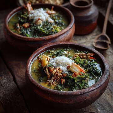 Mozambican matapa stew with crab in clay pot by the coast during soft evening light