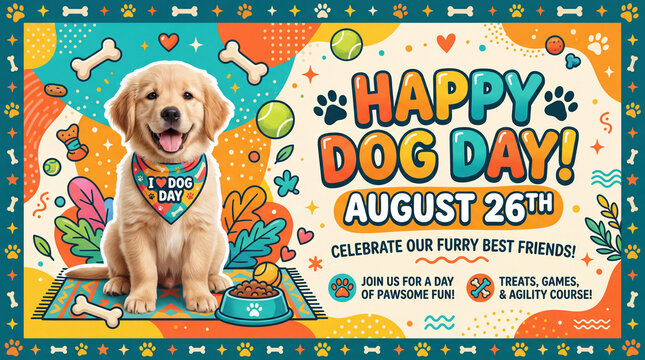 Happy dog day celebration banner with golden retriever puppy and colorful playful background.