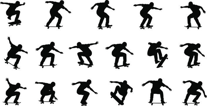 Large collection of black skateboarder silhouettes featuring athletes performing various tricks jumps and stunts isolated on white background