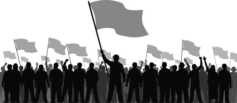 Large crowd of people silhouettes holding flags in a peaceful protest or political rally isolated on white background