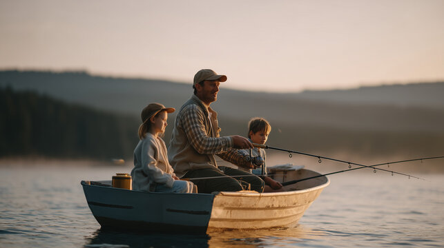 Fathers Day early morning fishing trip with father and two children in aluminum jon boat on fog-covered lake, young girl baiting hook as dad holds rod for younger sibling, tackle box and thermos vis