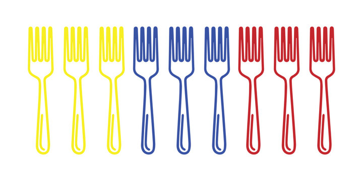 Colorful plastic forks arranged in rows isolated on a white background