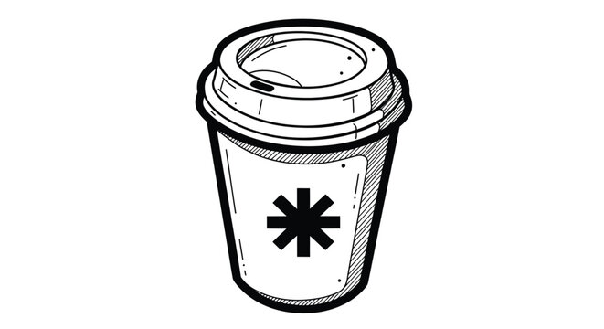 Simple hand drawn vector illustration of a disposable coffee cup with an asterisk brand logo