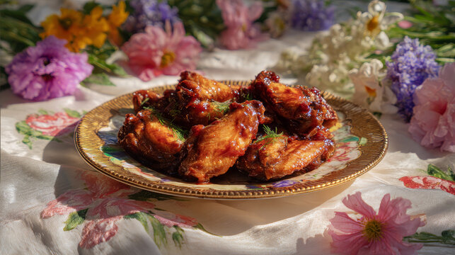 Delicious plate of barbecue chicken wings on a gold, lined serving plate, white silk tablecloth with various colored flowers around but not on the plate