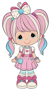 A charming and adorable little girl with a radiant smile, very happy. Her eyes are teardrop-shaped with long eyelashes in the Precious Moments style