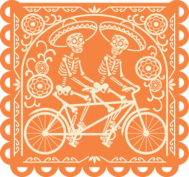 papel picado anaranjado de d&iacute;a de muertos. Esqueletos en bicicleta M&eacute;xico