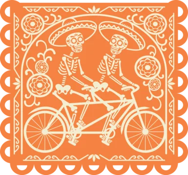 papel picado anaranjado de día de muertos. Esqueletos en bicicleta México