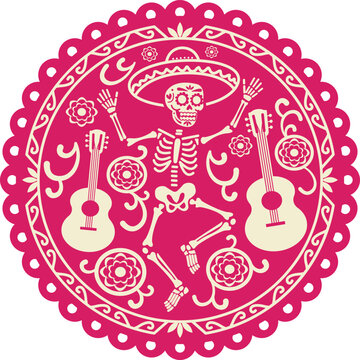 papel picado rosa de d&iacute;a de muertos. Esqueleto bailando con guitarra y cempas&uacute;chil a lado