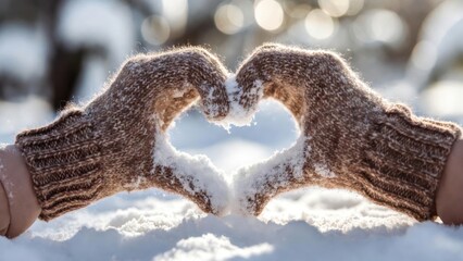 Obraz premium Snowy hands form a heart in winter light
