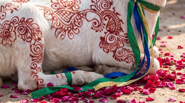 cow adorned with henna designs and colorful ribbons