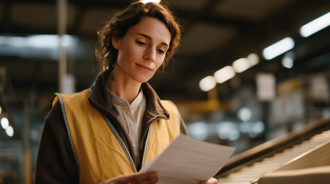 Female warehouse supervisor standing alone in empty factory floor holding wrongful termination notice, harsh overhead fluorescent lighting casting sharp shadows, union bulletin board visible behind 