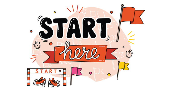 Start here, colorful vector icons, directional signs, web graphics, illustrations