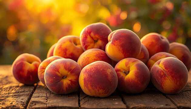 A richly golden wooden table adorned with plump, sun-kissed peaches glistening in the warm hues of a sunset. Each peach seems to emanate a sweet, ripe fragrance, inviting one to bask in the abundance 