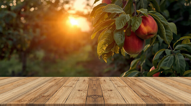 A richly golden wooden table adorned with plump, sun-kissed peaches glistening in the warm hues of a sunset. Each peach seems to emanate a sweet, ripe fragrance, inviting one to bask in the abundance 