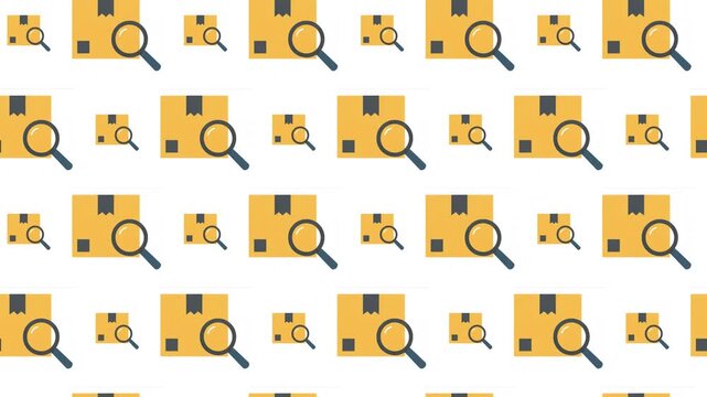 Logistics tracking animated pattern; cardboard boxes with magnifying glass for e-commerce shipping concept.