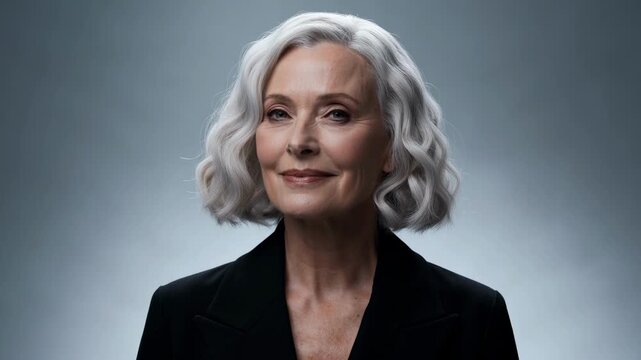 Sophisticated older woman with styled silver hair wearing black blazer against neutral background, looking thoughtfully upward with confident expression.