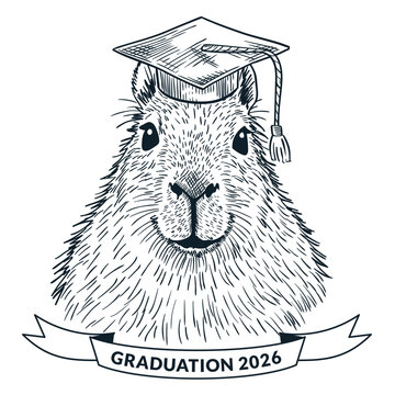 Graduation 2026 concept vector. Hand drawn sketch of cute capybara wearing academic mortarboard hat with ribbon banner