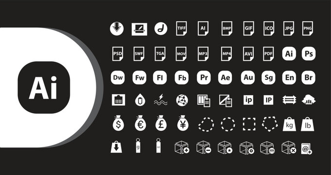 A collection of white icons representing various software applications and design tools on a black background with the Adobe Illustrator logo prominently displayed