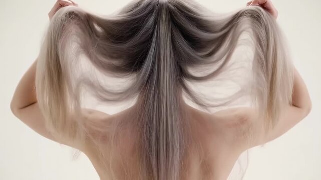 Rear view of a woman with long straight gray hair lifting both hands to her head in a relaxed pose against a neutral white background.