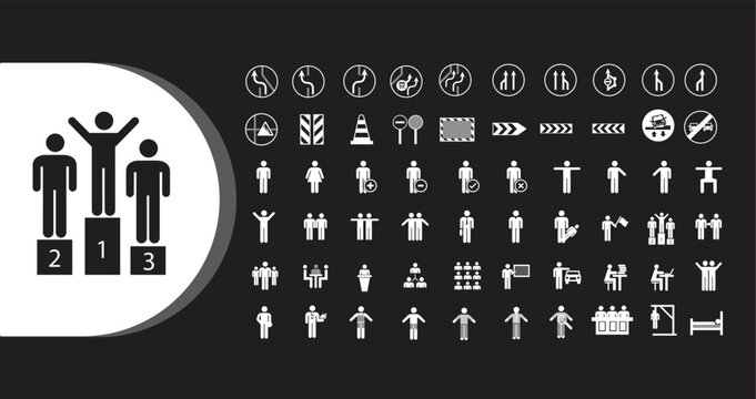A collection of white human and business icons on a black background with a white half-circle containing three standing people on podiums with numbers