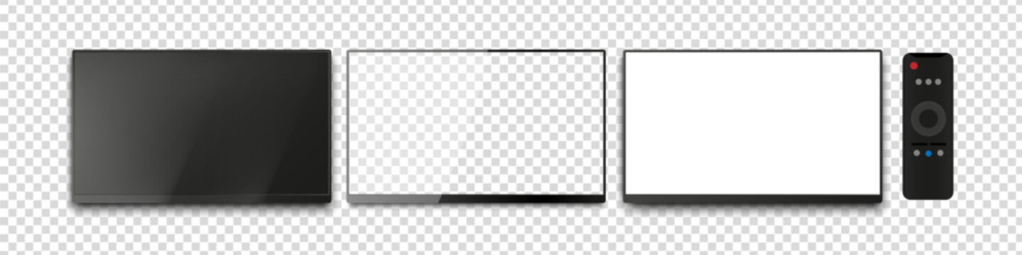 Lcd, plasma TV mockup. 4k tv screen. TV remote control
