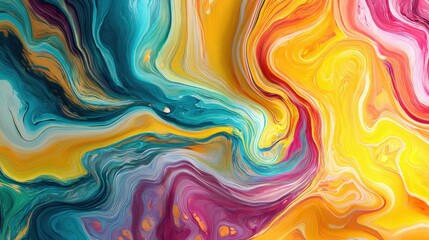 Fototapeta premium Vibrant Abstract Fluid Art Background with Swirling Teal Yellow and Magenta Marble Texture