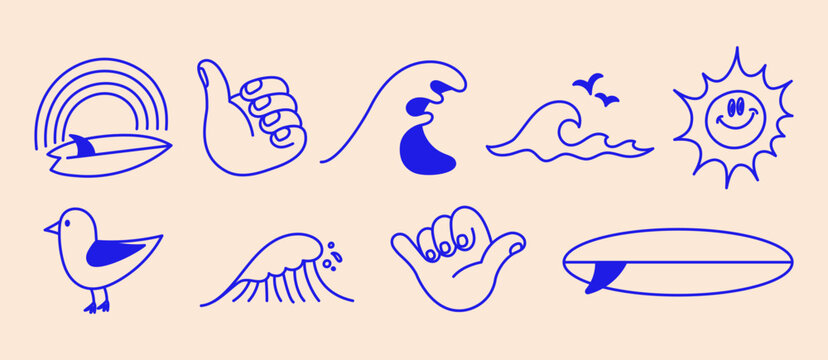 Vector hand drawn doodle cartoon illustration, surfer mascot character, playful creative modern sketch design for branding, advertising, t-shirt prints, posters, stickers