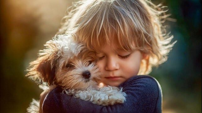 Candid moment of a young boy hugging his small fluffy puppy outdoors. Warm sunset backlight, concept of childhood friendship, pet care, and unconditional love. Soft cinematic style with golden tones.