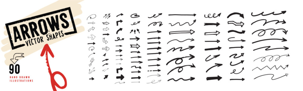 Arrow vector shapes. Set of hand drawn illustrations for graphic and web design, social media, business and marketing material.