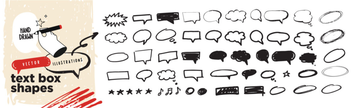 Text box shapes. Set of hand drawn vector illustrations for graphic and web design, social media, communication, marketing and business material.