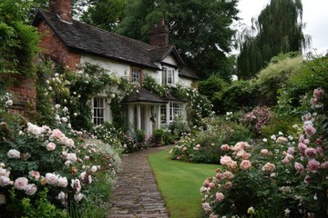 Fototapeta premium Charming rose garden path leading to a quaint cottage