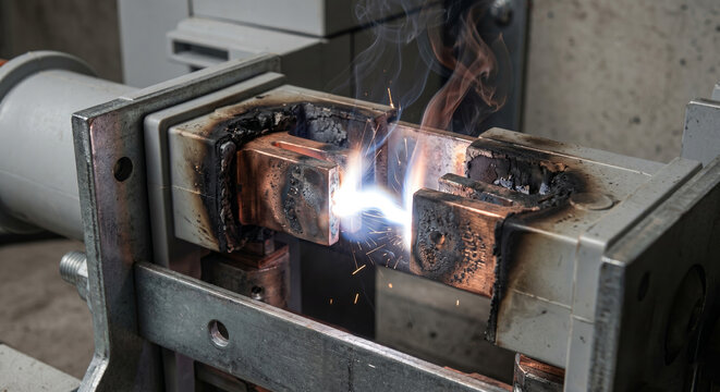Electrical short circuit arc flash in power distribution panel with smoke and sparks during heavy load failure.