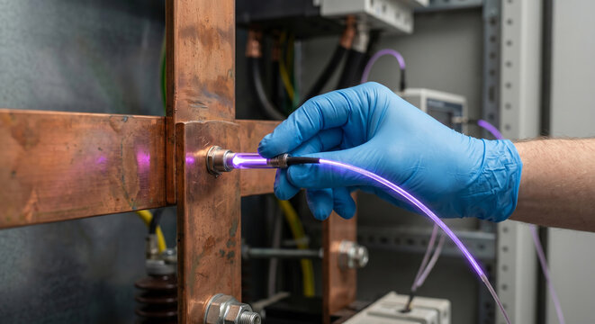 Hand wearing blue glove inserts fiber optic cable into connector on copper busbar with purple light glow.