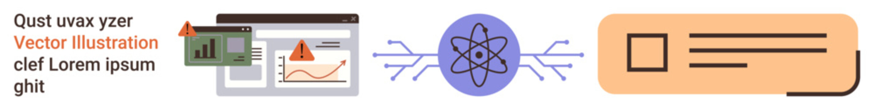 Data processing, cybersecurity, information flow, science, analytics, digital systems. Atomic symbol connected to analytics screens and ID card. Cybersecurity and data processing concept
