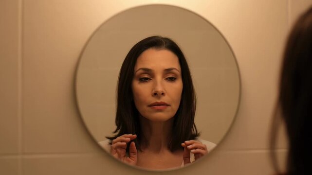 Young woman with long dark hair touches her head while gazing at her reflection in a round mirror against a beige wall in an indoor setting.