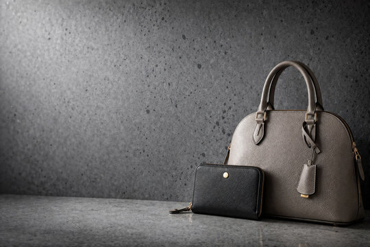A woman's bag and wallet on a gray background. Space for text.