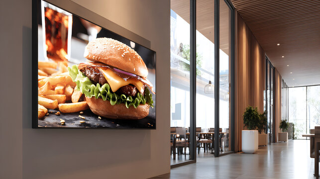 A modern restaurant features digital menu boards that showcase delicious fast food.