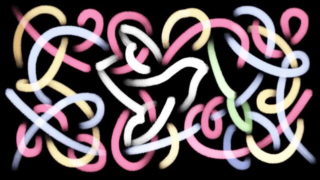 Horizontal 4K video. Loop abstract animation. Hand drawn white pigeon. Abstraction with dove on black. Doodle peace symbol. Colorful, yellow, blue, stripes. Purple ribbon, pink wave thread. Stop war