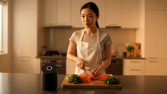 Asian woman in apron chopping fresh vegetables on cutting board in contemporary kitchen with smart home device visible on counter.