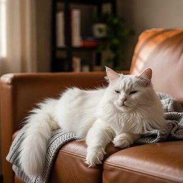 Fluffy white cat rests on a brown leather couch, bathed in soft sunlight